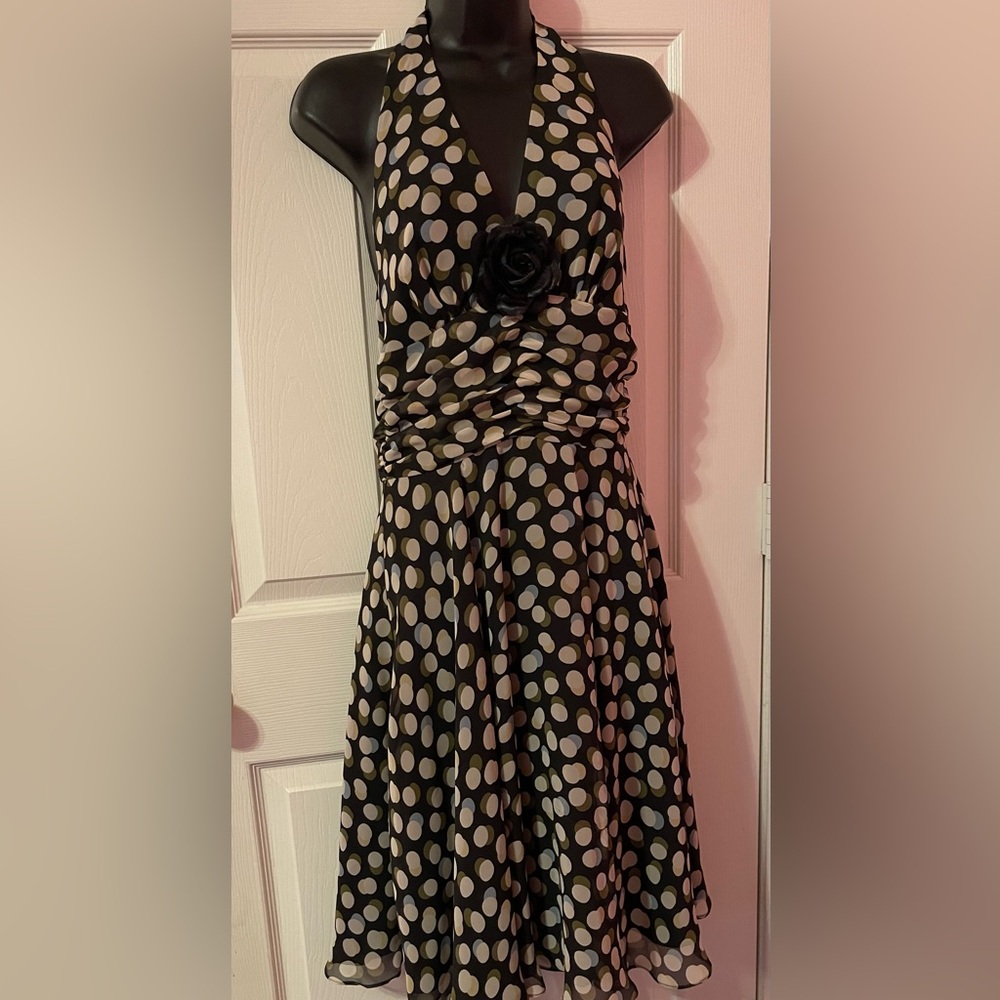 U3 Collection Black and Cream Polka Dot Backless Halter Dress Size 6